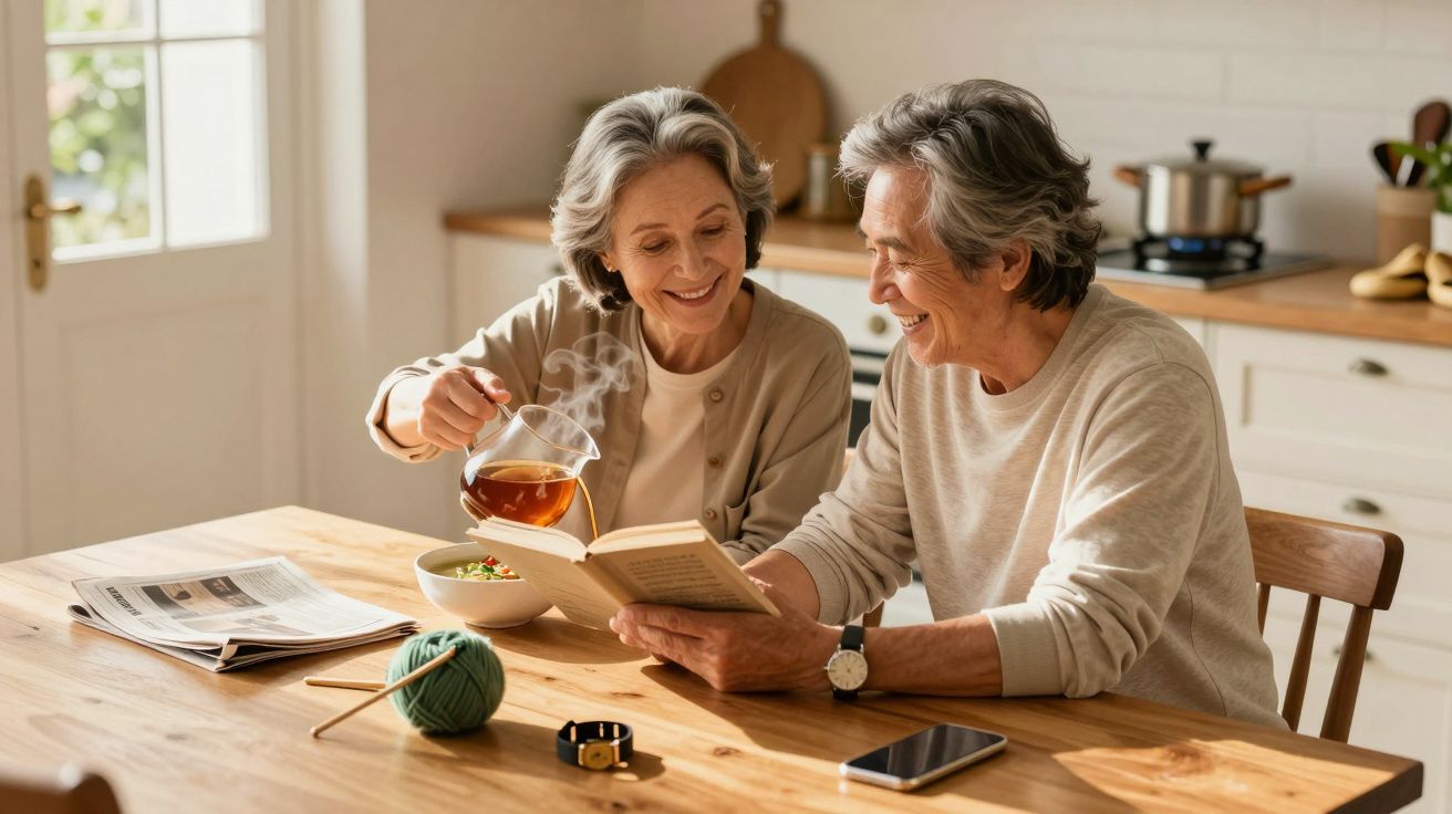 Ouder stel zit aan keukentafel, geniet van thee, leest boek, met breiwol, bord eten en smartphone op tafel.