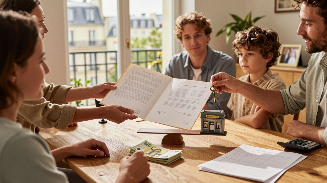 Mensen aan tafel bespreken documenten, stapels geld en sleuteloverdracht voor een transactie in een zonnige kamer.