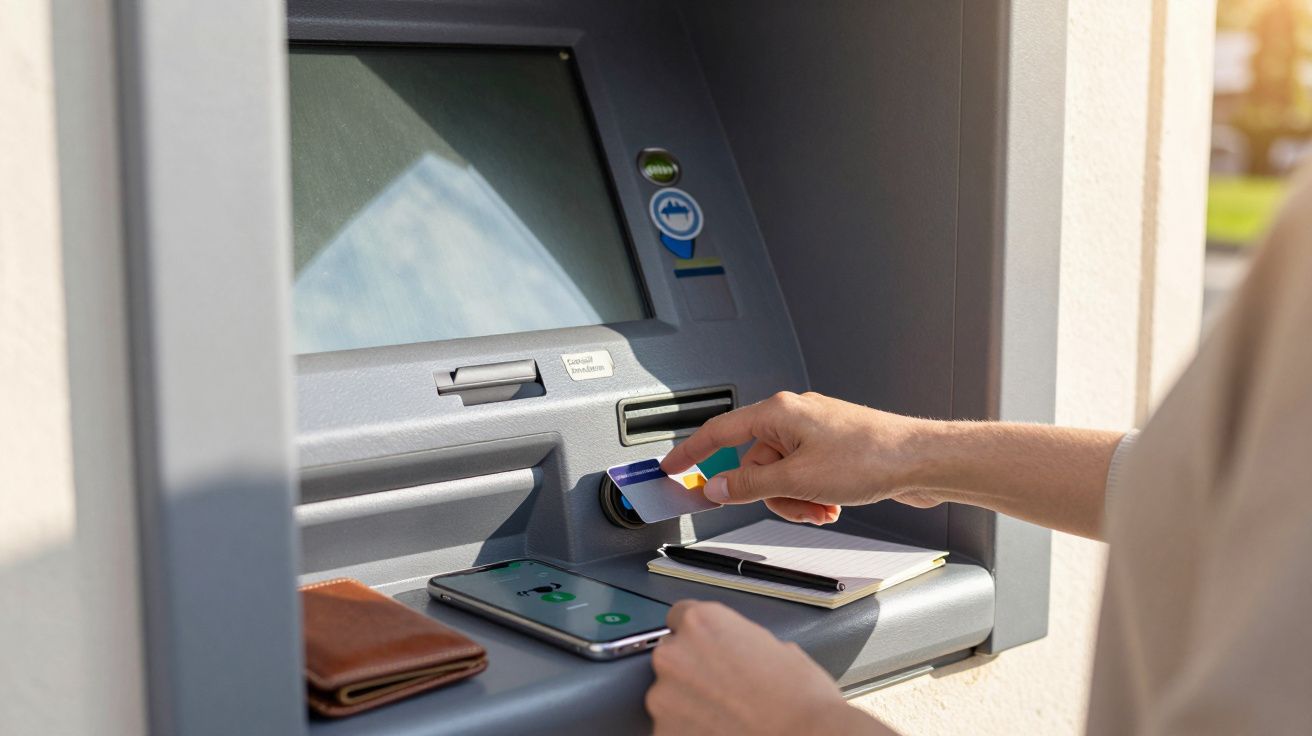 Persoon gebruikt een geldautomaat, met een portemonnee en smartphone op de plank ervoor.