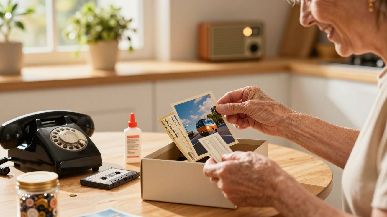 Een oudere vrouw kijkt naar oude foto's in een doos op een tafel, met een retro telefoon en cassettes in de buurt.
