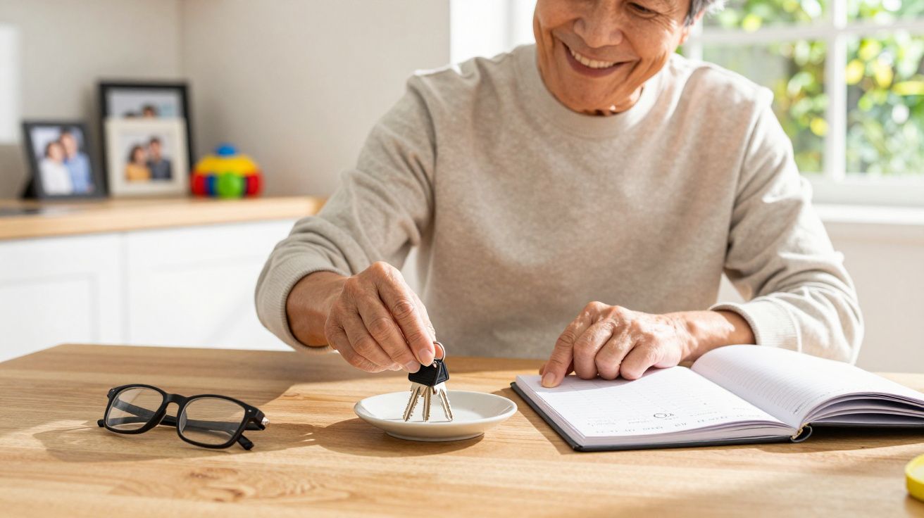 Blije vrouw legt autosleutels op schoteltje naast notitieboek en bril, zittend aan lichte houten tafel in zonnige kamer.