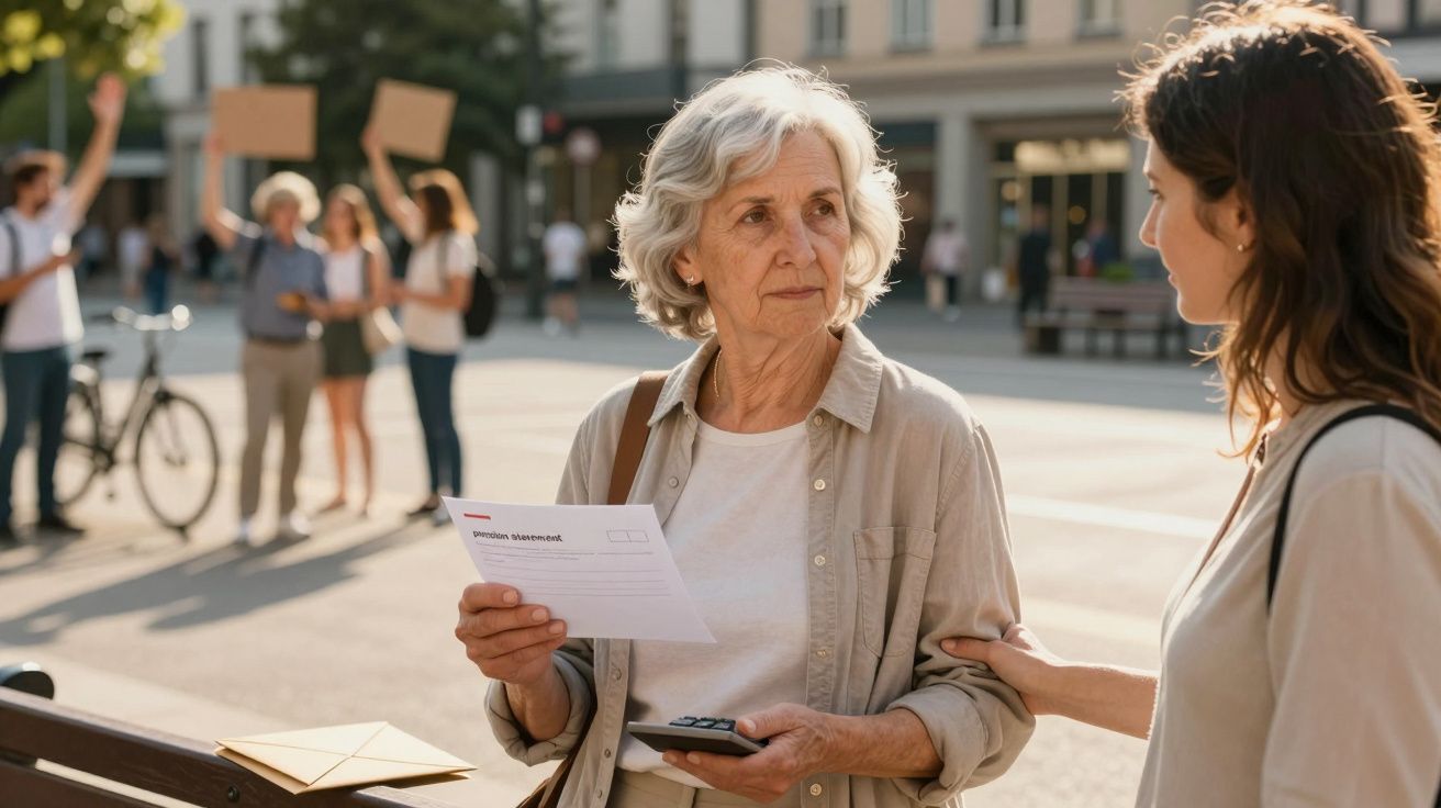 Een oudere vrouw houdt een bankafschrift vast terwijl een jongere vrouw haar op straat aanspreekt.