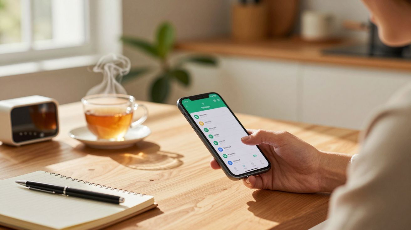 Persoon houdt smartphone vast aan tafel met notitieboek, pen en kopje thee.