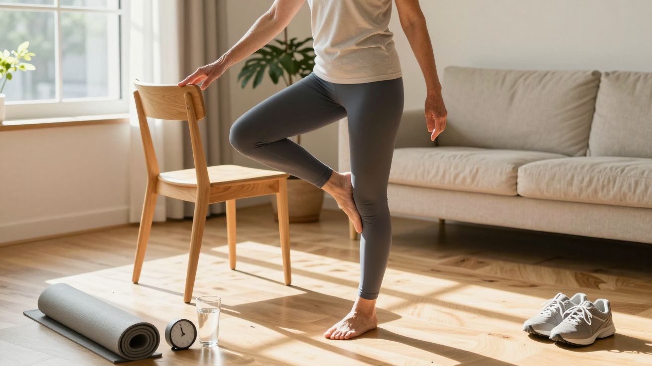 Persoon doet yoga oefening thuis; staande op één been naast stoel met yogamat, schoenen en glas water op de vloer.