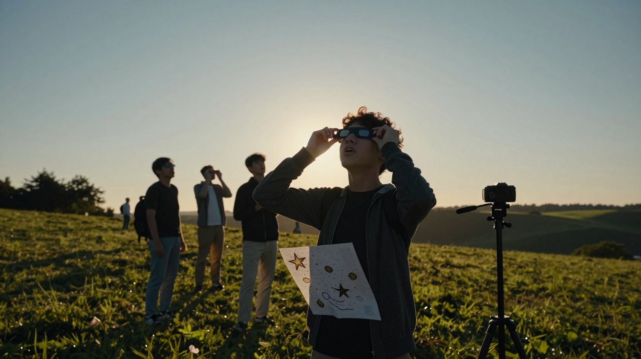 Jongeren kijken naar de hemel op een veld bij zonsondergang, een persoon met zonnebril en papieren tekening, camera op statie
