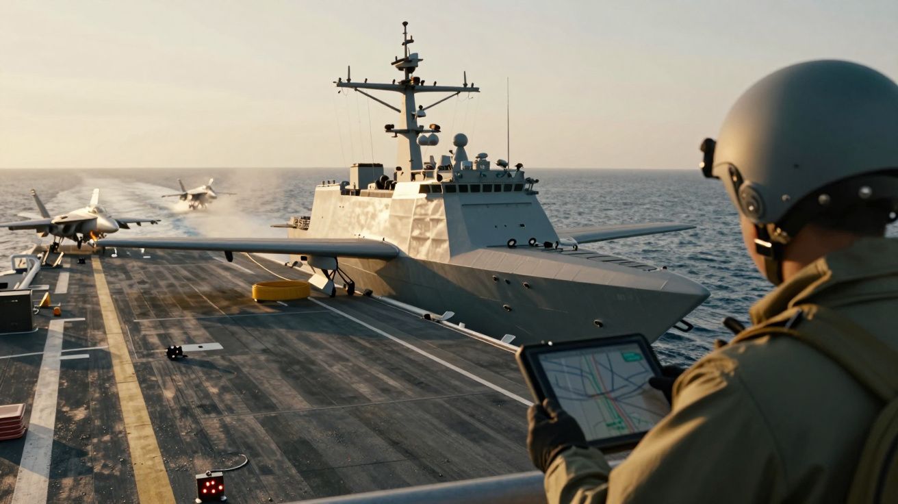 Een marinemedewerker observeert vliegtuigen die opstijgen vanaf een vliegdekschip op zee.