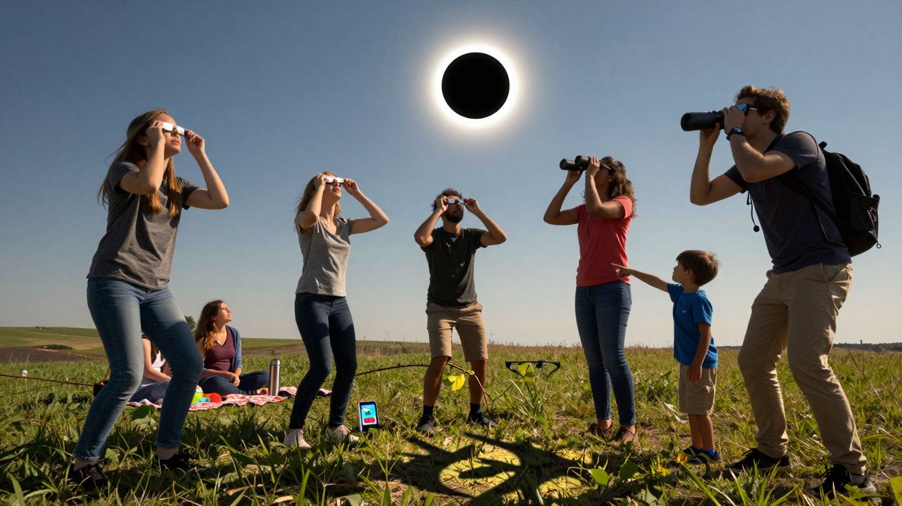 Mensen kijken door brilletjes en telescopen naar een zonsverduistering op een grasveld onder een heldere hemel.