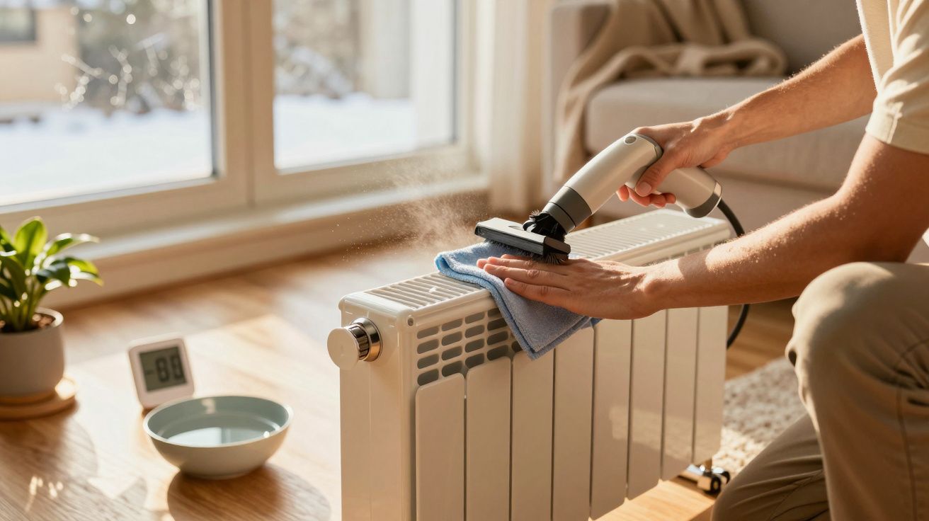 Persoon reinigt witte radiator met stoomreiniger, blauwe doek. Zonlicht door ramen, groene plant en thermometer zichtbaar.
