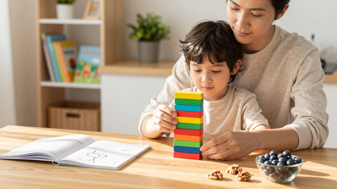 Volwassene en kind stapelen gekleurde blokken aan tafel met fruit en noten. Open boek op de achtergrond in de kamer.