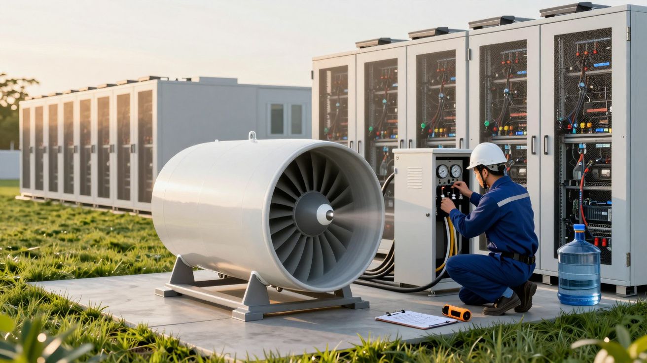 Technicus controleert apparatuur bij energie-opslagcontainers en grote ventilatorbuis op grasveld onder heldere lucht.