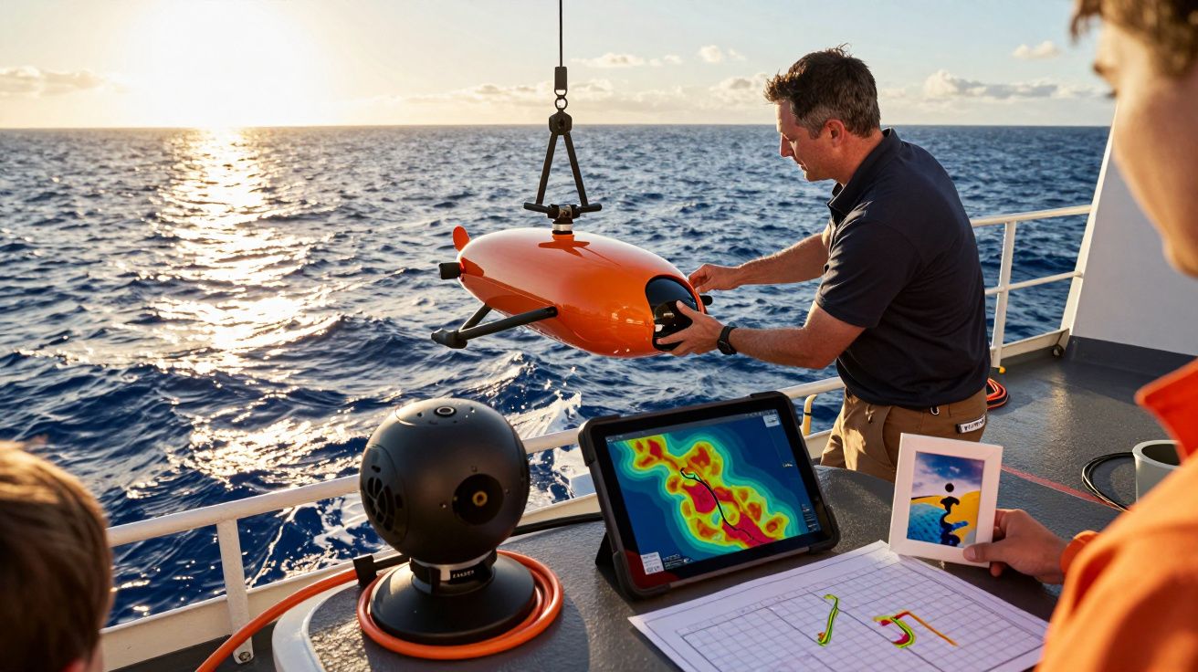 Man op schip bereidt oranje onderwaterdrone voor; zonsondergang; scherm toont marinedata en kaart.