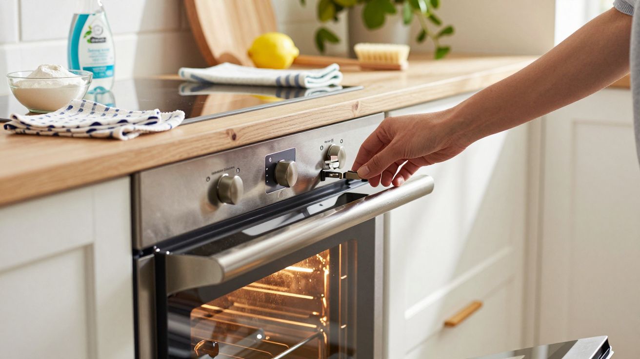 Persoon draait ovenknop in moderne keuken met houten werkblad en bijkeukenartikelen, zoals vaatdoek en citroen.