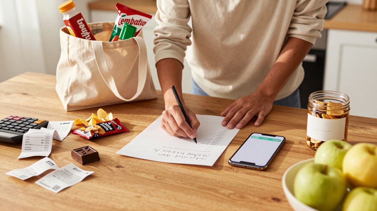 Persoon maakt boodschappenlijst naast telefoon op houten tafel met boodschappen, appels, noten, rekeningen en snackverpakking