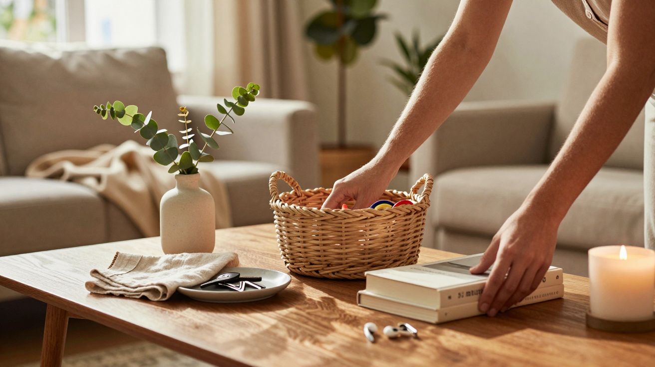 Persoon rangschikt voorwerpen op houten tafel met mand, boek, kaars en vaas in gezellige woonkamer.