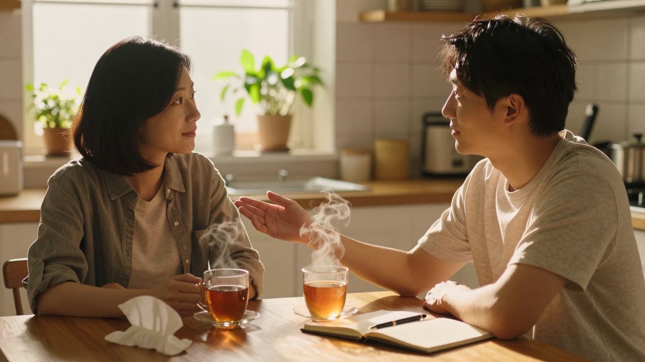 Twee mensen praten aan een keukentafel met dampende kopjes thee en een open notitieboek.