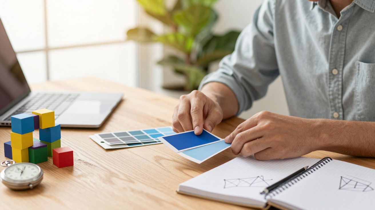 Persoon kiest kleurenpalet op bureau met laptop, notitieboek en stapel houten blokken.