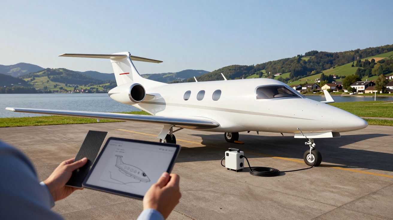 Mens houdt tablet met vliegtuigtekening, terwijl er een klein wit jetvliegtuig op het asfalt geparkeerd staat bij een meer.
