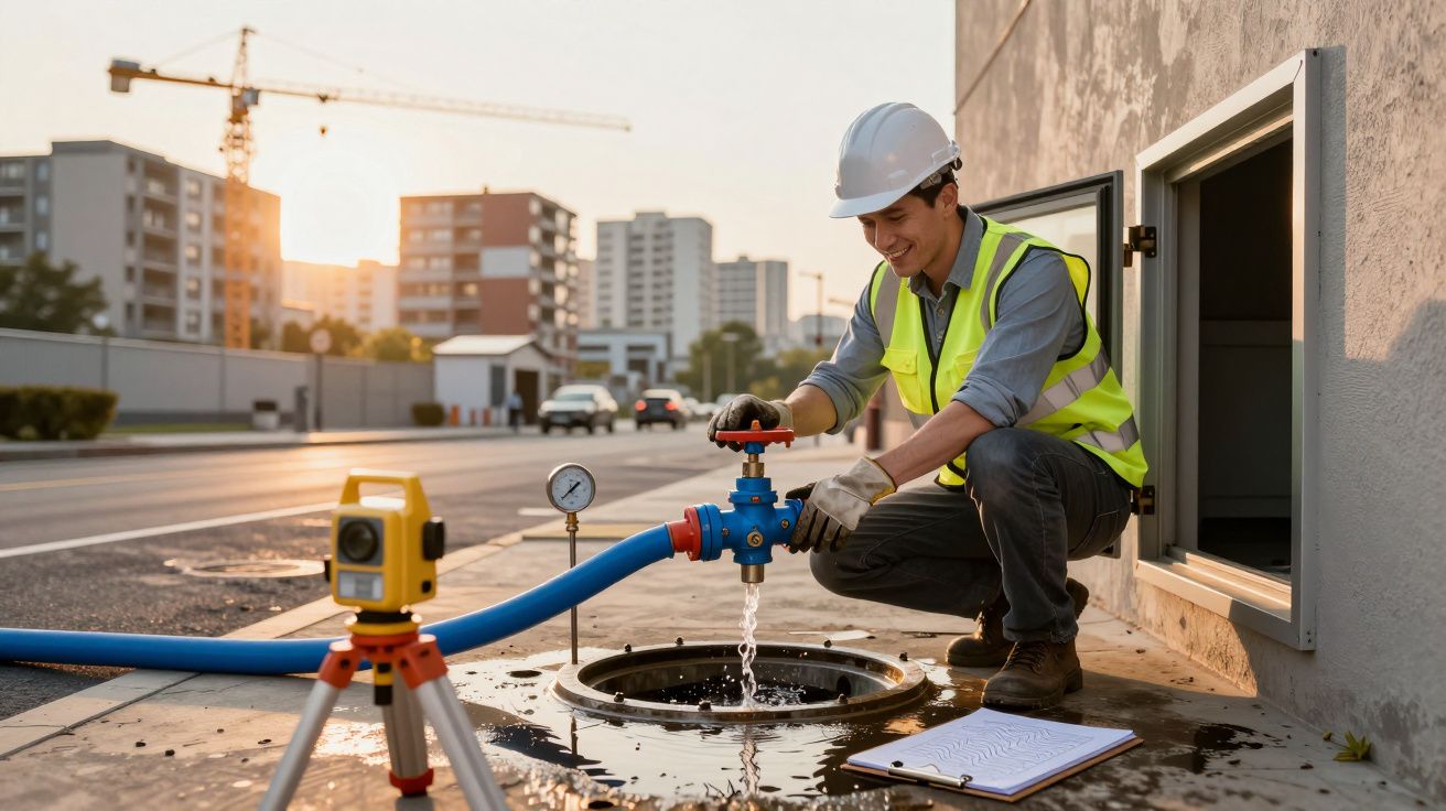 Bouwvakker controleert waterleiding bij inspectieput, met meetapparatuur en clipboard, gebouw en kraan op achtergrond.