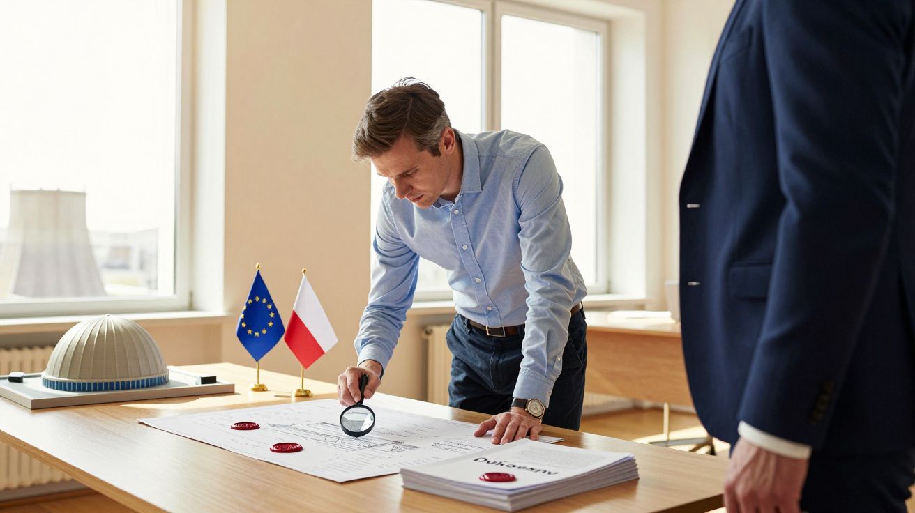 Man bestudeert documenten met vergrootglas op kantoor met EU en Poolse vlaggen op tafel.