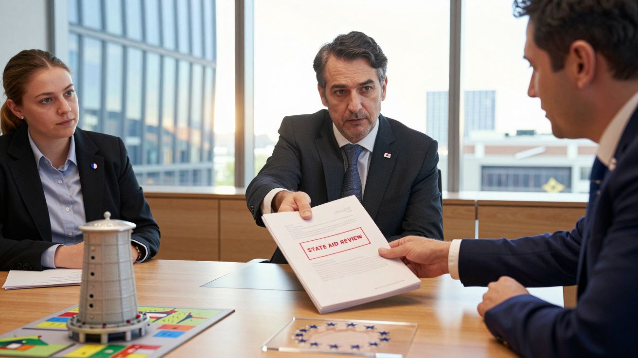 Drie zakenmensen in vergadering, man in pak geeft document met "State Aid Review" aan andere man, vrouw kijkt toe.