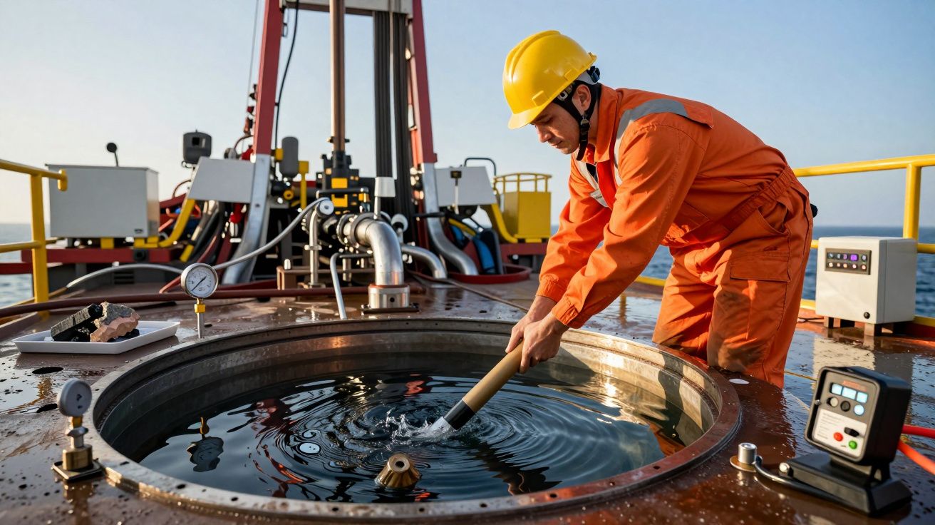 Man in oranje overall en gele helm werkt aan machine op zeeplatform.