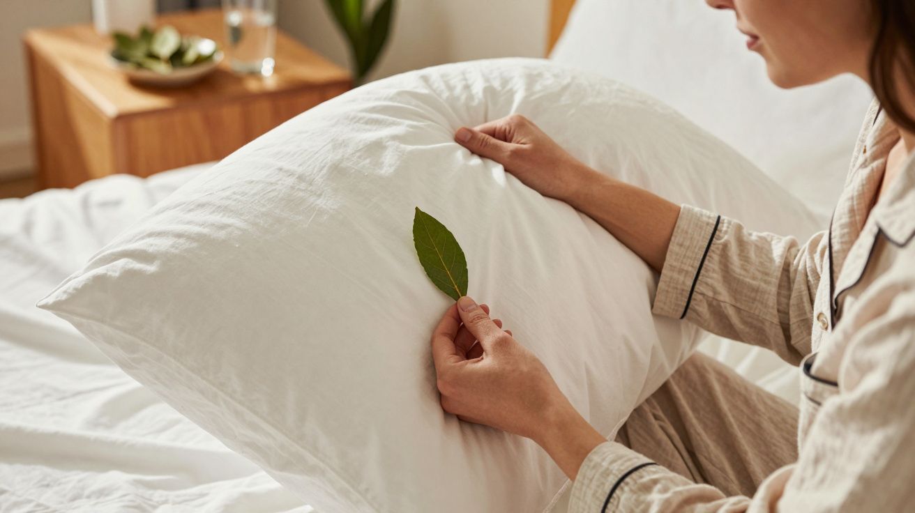Persoon in pyjama houdt een groene blad vast op een wit kussen in een slaapkamer.