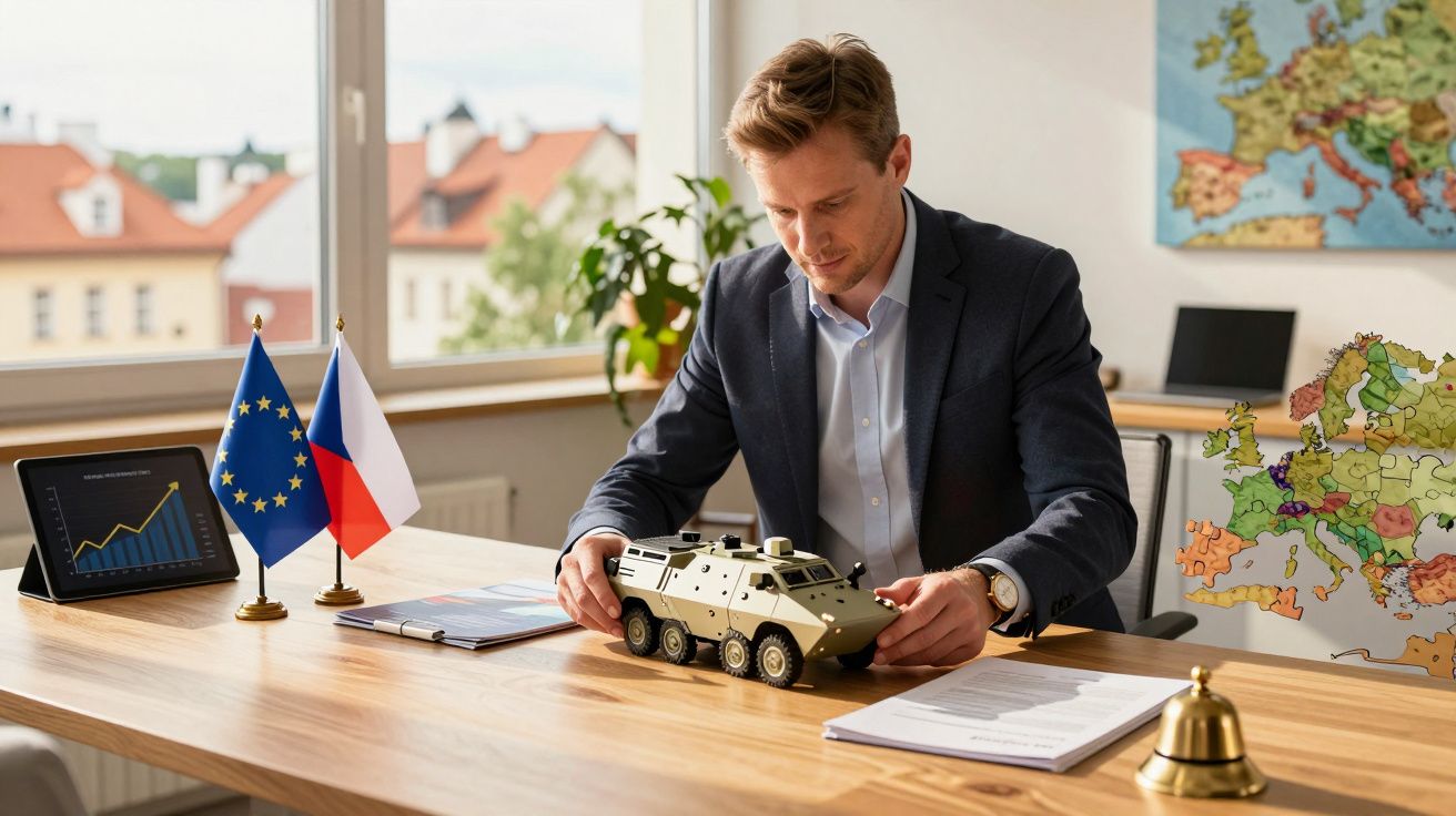 Man in kantoor bestudeert modelpantservoertuig. Vlaggen en kaarten in de kamer, grafiek op tablet vertoont stijging.