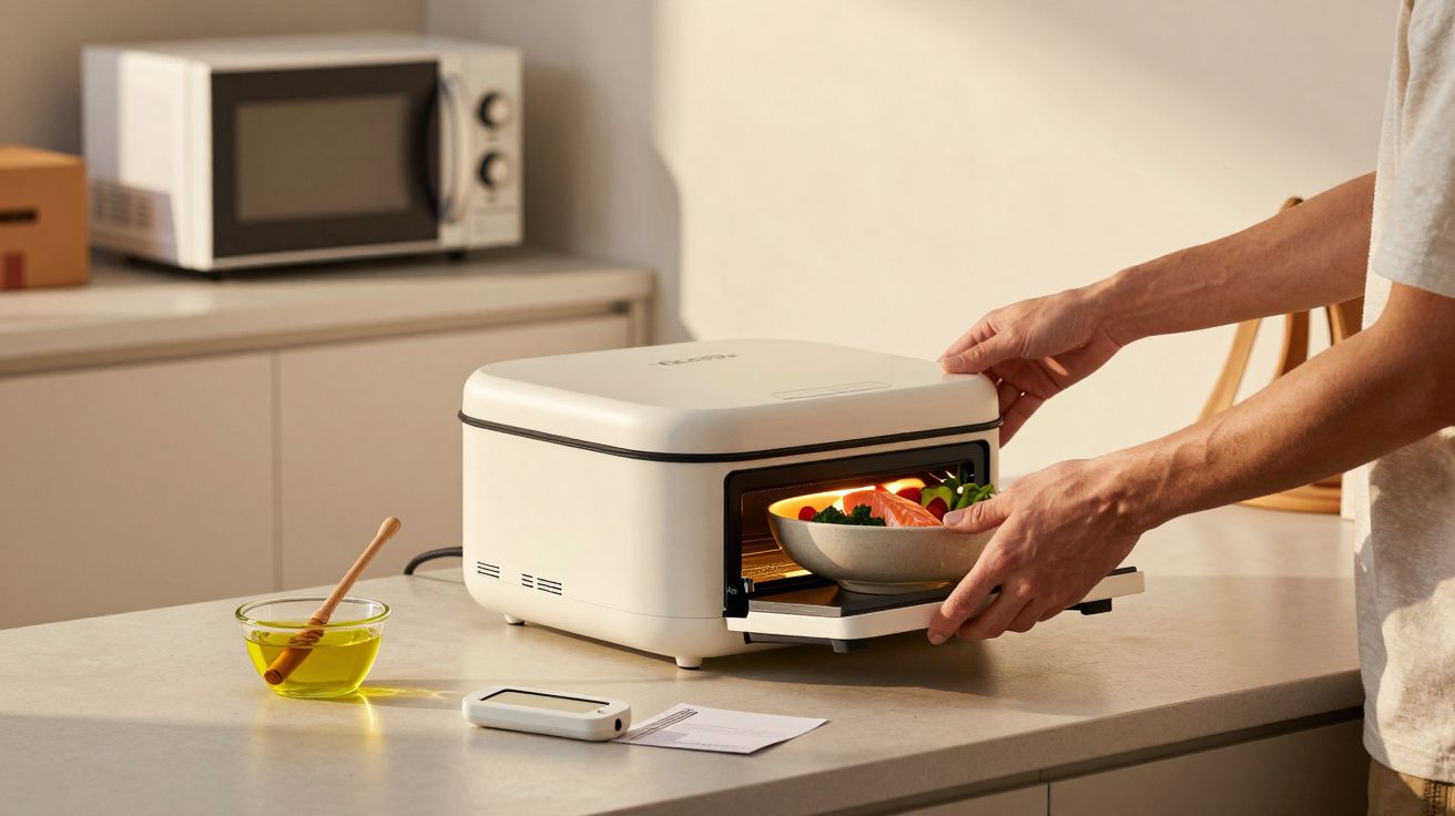 Persoon plaatst een kom met groenten in een wit keukenapparaat op een aanrecht, naast een magnetron en honingpot.