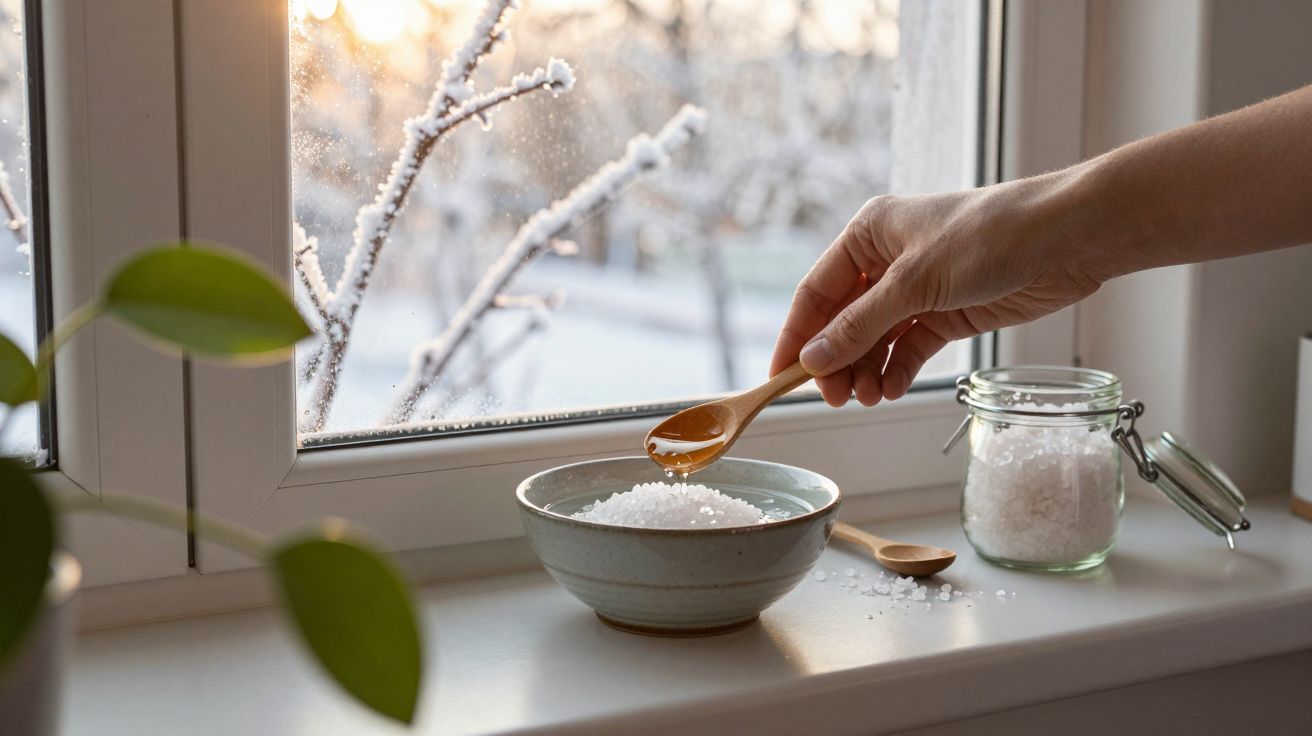 Hand schept suiker in kom bij venster met rijp en ochtendzon.