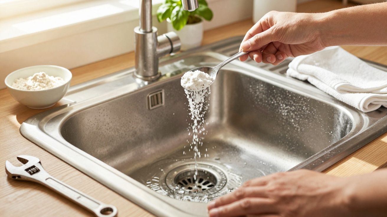 Hand voegt bakpoeder toe aan gootsteen. Gereedschap en bakpoeder staan op het aanrecht in een zonnige keuken.