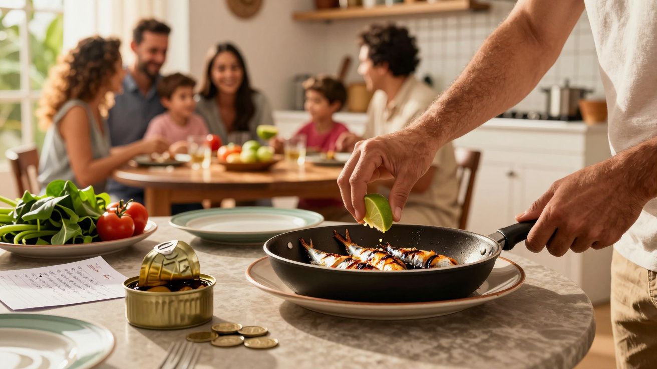 Man bereidt sardines in de pan voor, terwijl een gezin aan tafel in de keuken zit.