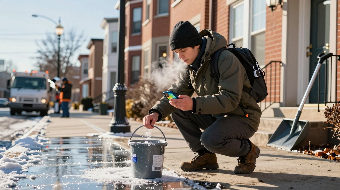 Persoon strooit zout op besneeuwde stoep, winterkleding en rugzak, kijkt naar smartphone. Schoppen en strooizout zichtbaar.