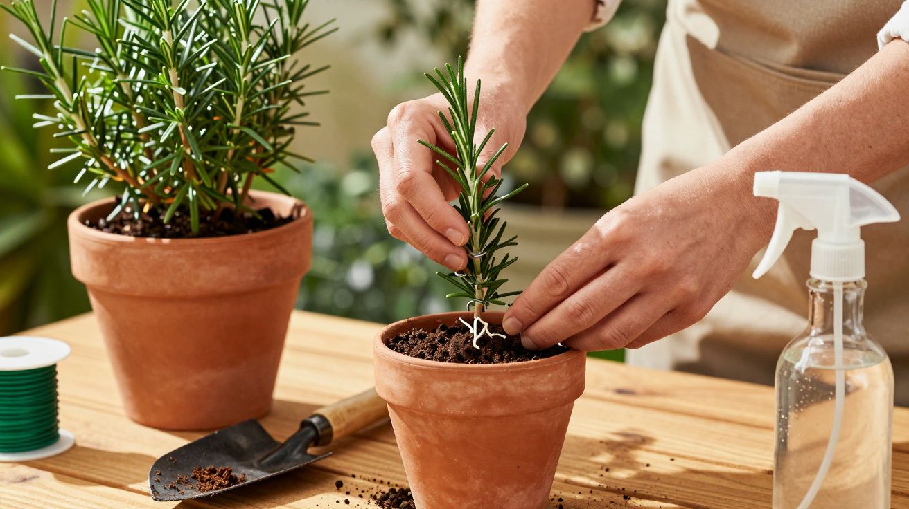 Twee handen planten een stekje in een terracotta pot op een houten tafel, naast een sprayfles en een schopje.