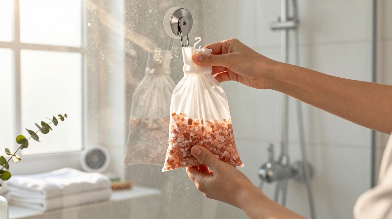 Handen hangen zakje met roze badzout op een douchewand in een lichte badkamer.