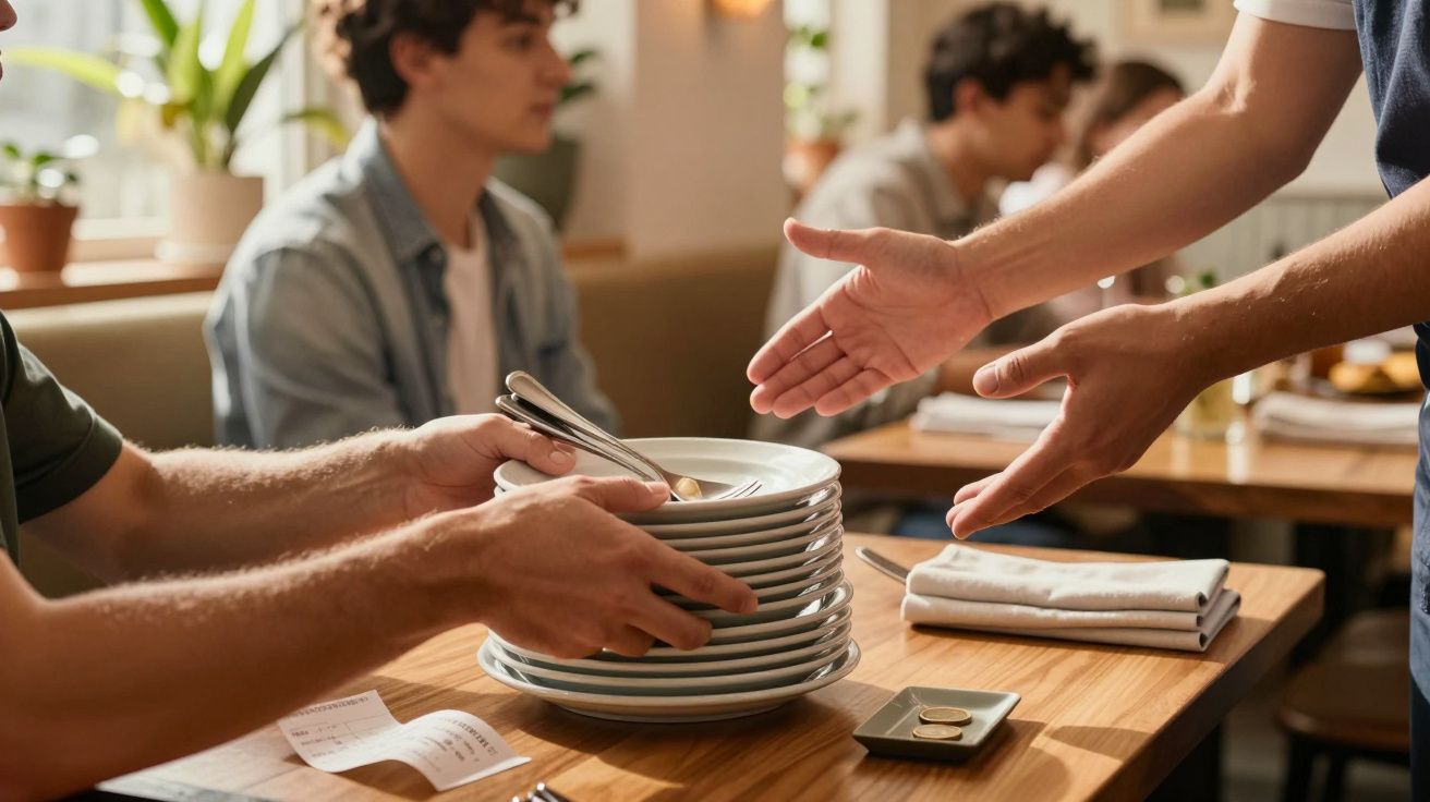 Een ober overhandigt stapels borden aan een klant in een druk restaurant, met op de tafel een bon en kleingeld.