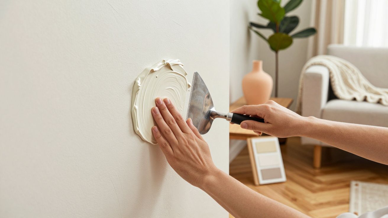 Handen die muurplamuur aanbrengen op een binnenmuur in een woonkamer met planten en meubels op de achtergrond.