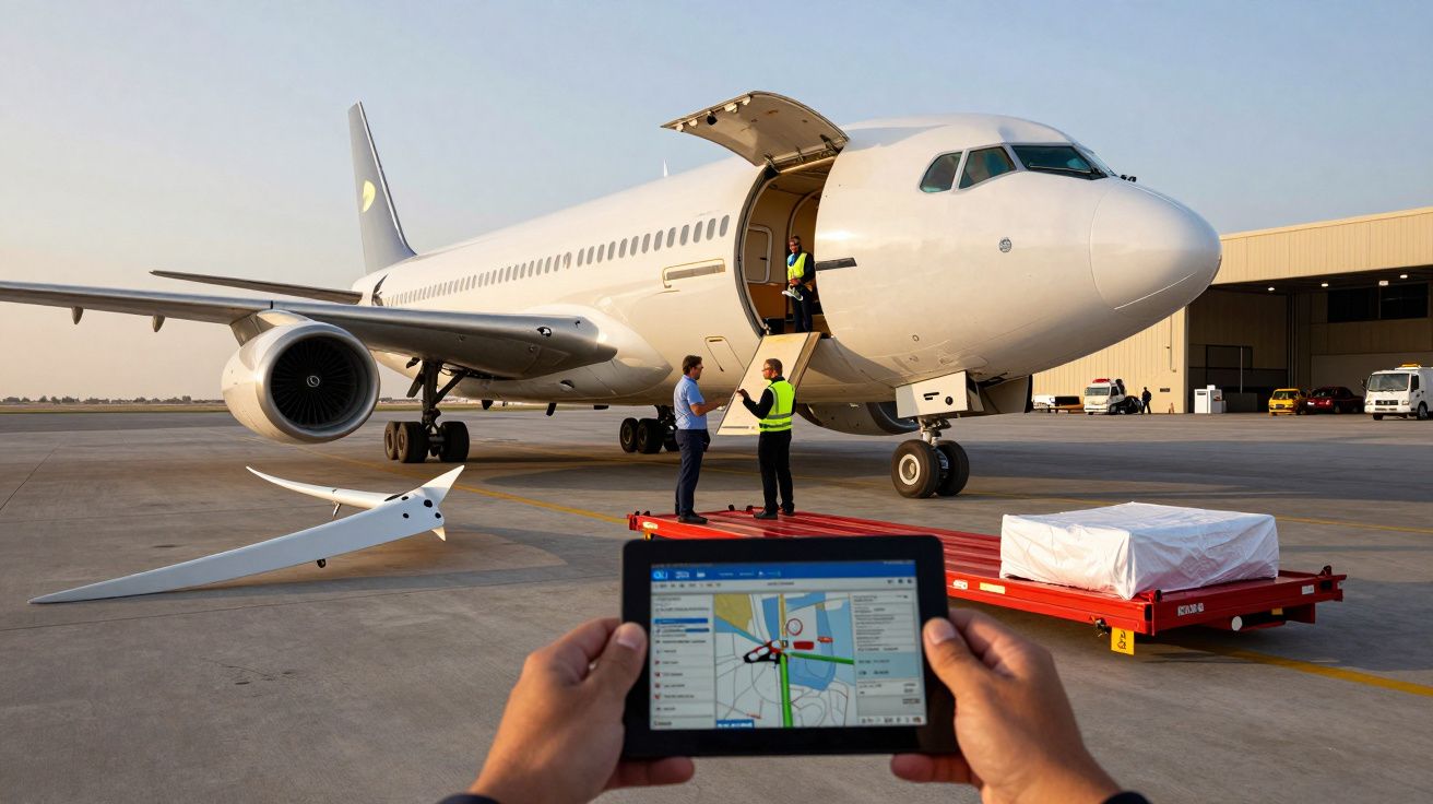 Persoon houdt tablet vast, vliegtuig op luchthaven, twee mensen laden vracht in vliegtuig, open vrachtdeur.