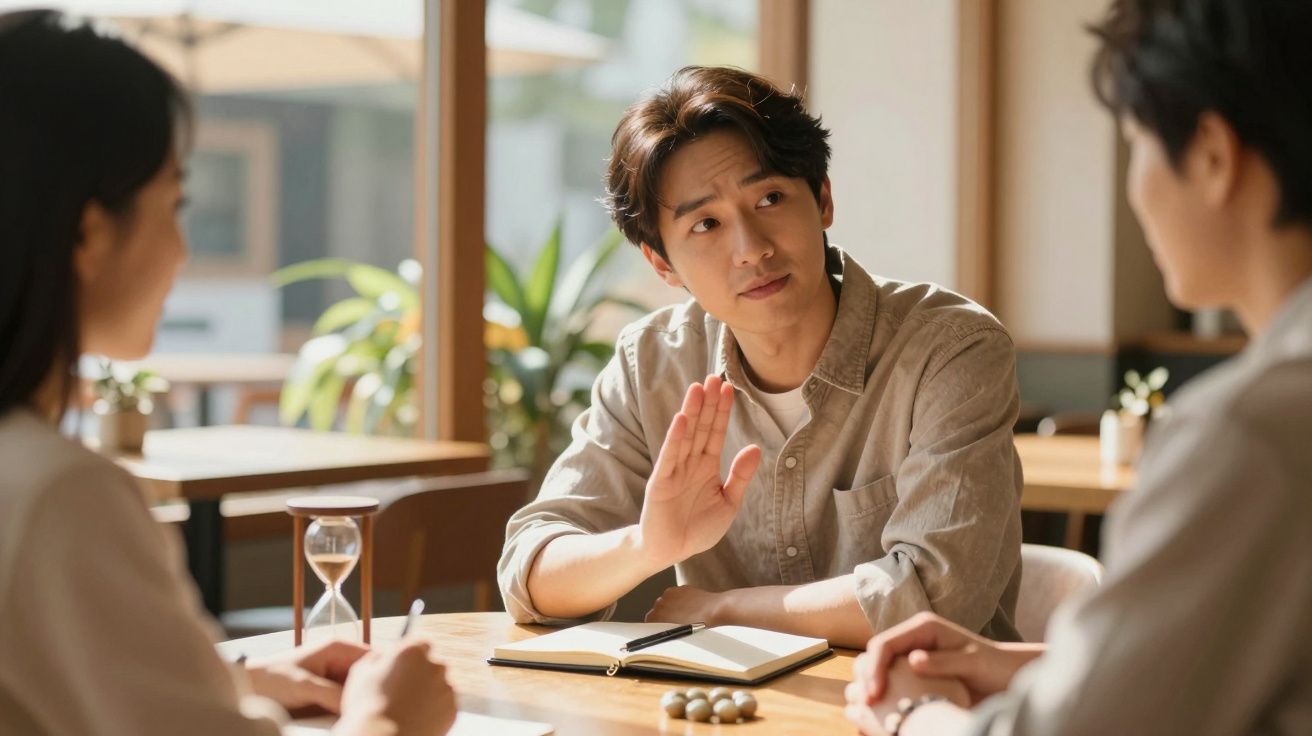 Drie mensen in een gesprek aan een tafel met een notitieboek en zandloper, man in het midden gebaart met zijn hand.