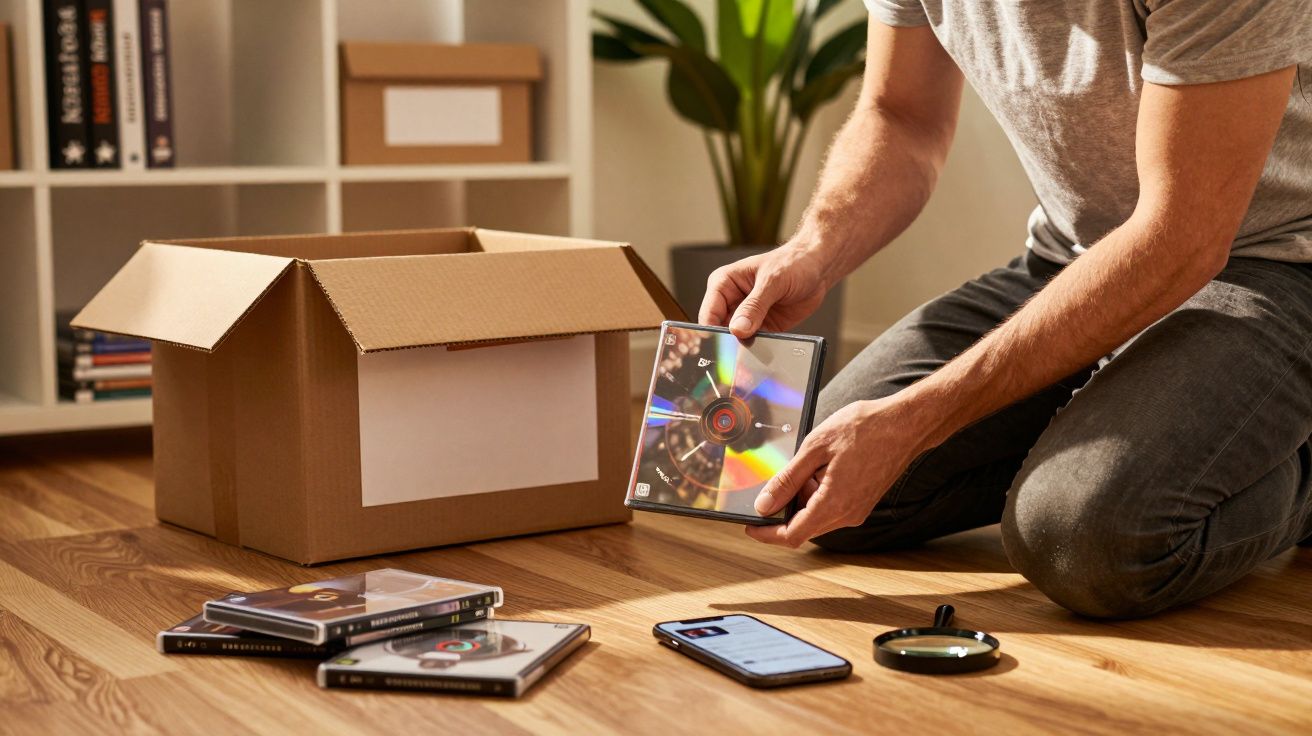 Persoon pakt een cd uit de doos, met verspreide items op een houten vloer, inclusief smartphone en lege cd-hoesjes.