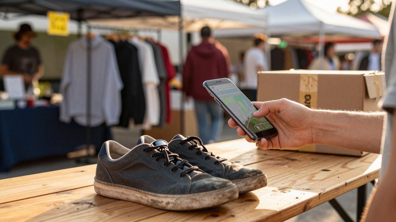 Versleten schoenen op een tafel, iemand houdt een smartphone vast op een buitenmarkt met kledingkraampjes op de achtergrond.