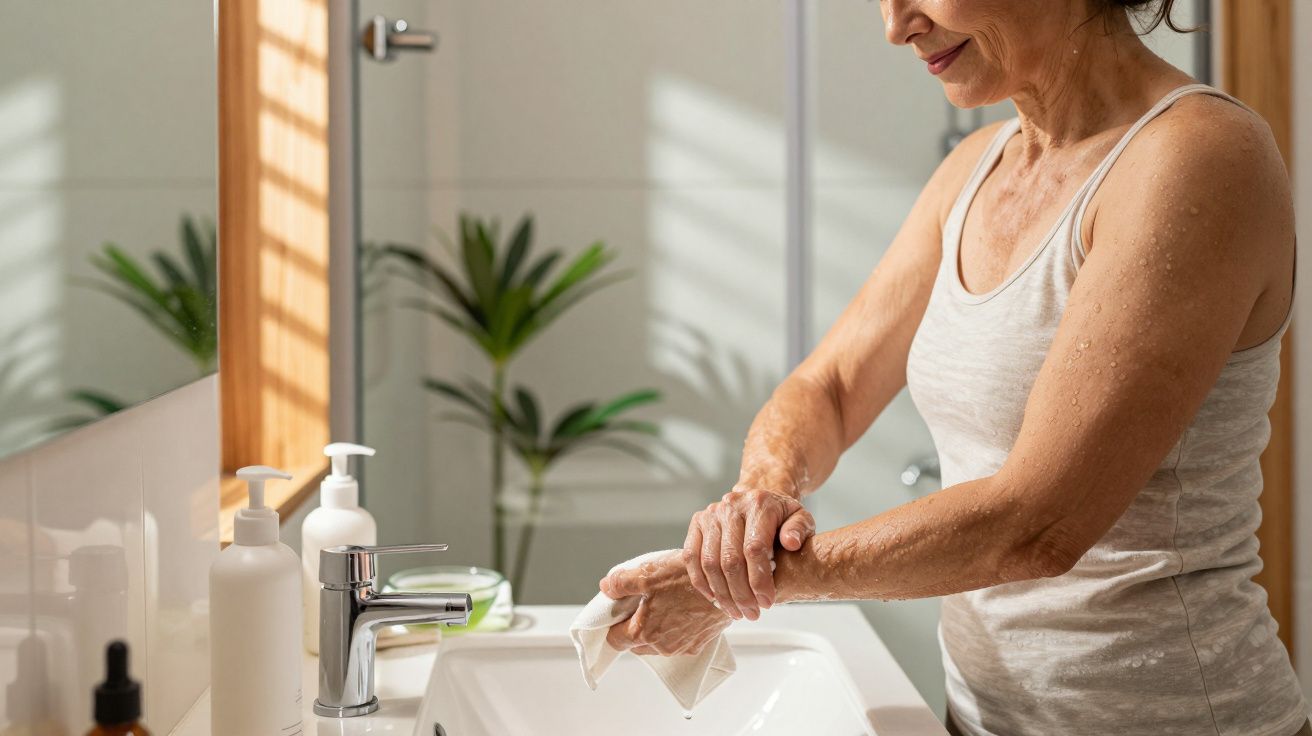 Vrouw droogt haar handen af met een doekje bij een wastafel in een lichte badkamer met groene planten.