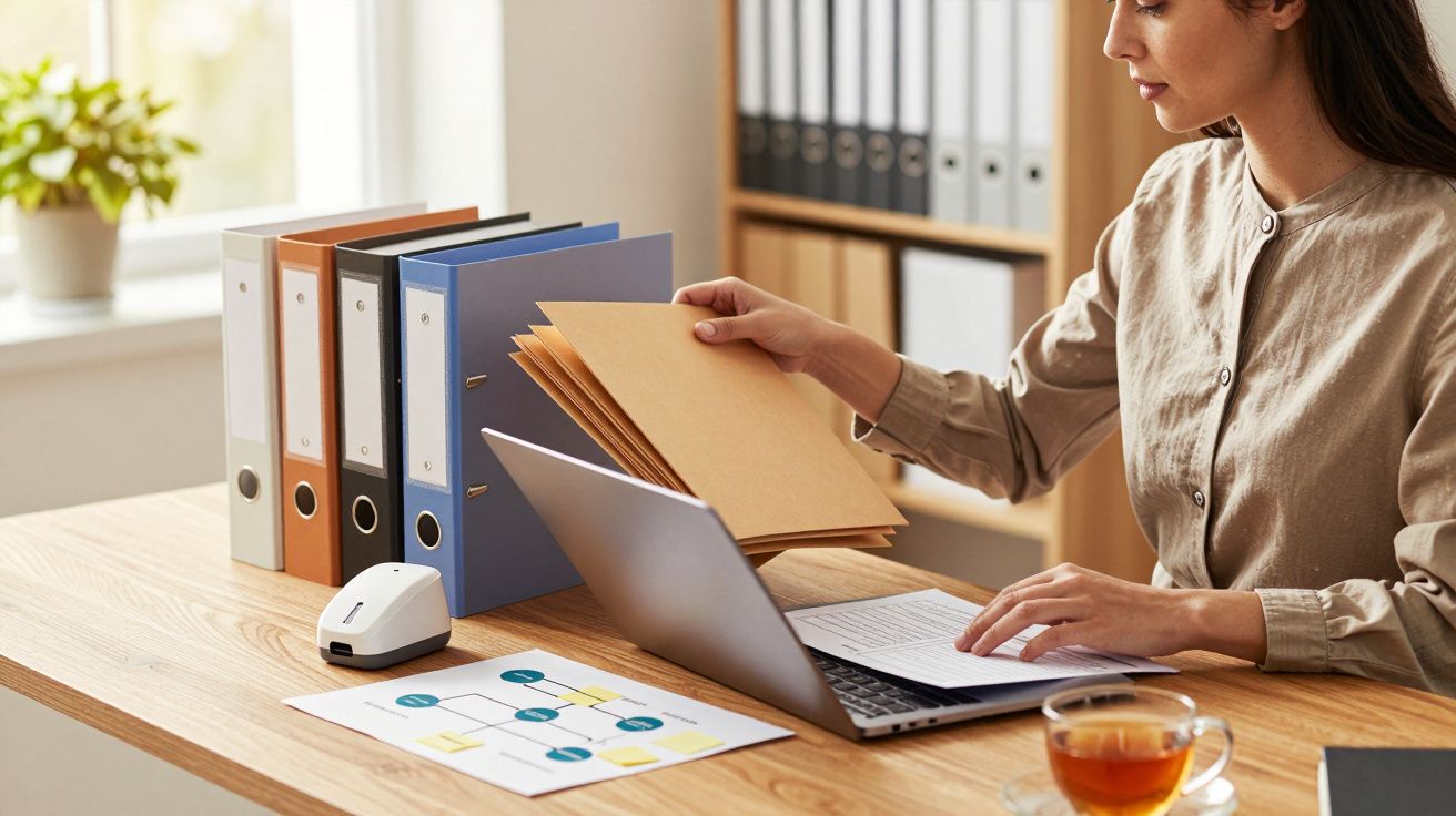 Vrouw werkt aan bureau met laptop en mappen, naast thee.