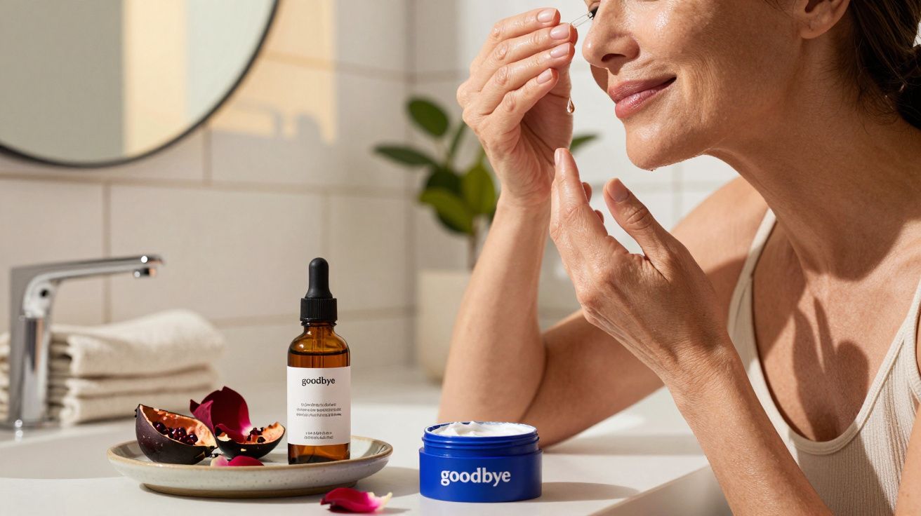 Vrouw brengt gezichtscrème aan in badkamer met flesje serum, crèmedoosje, granaatappel en rozenblaadjes op aanrecht.