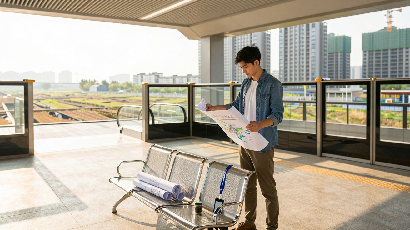 Een man bekijkt een blauwdruk op een zonnig treinstation, met moderne gebouwen en een spoorweg op de achtergrond.