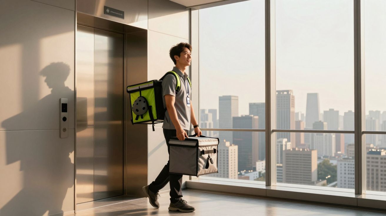 Bezorger met rugzak en koeltas wacht bij lift in moderne glazen gang met stadsuitzicht.