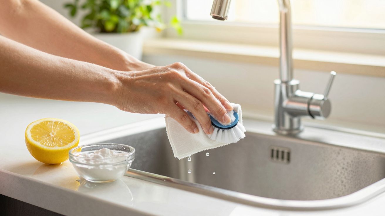 Handen reinigen gootsteen met borstel, halve citroen en bakje baking soda op aanrecht.