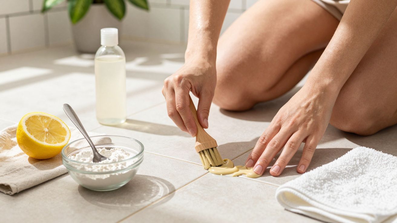 Persoon reinigt tegelvoegen met borstel en natuurlijke ingrediënten, zoals citroen en baking soda, in lichte badkamer.