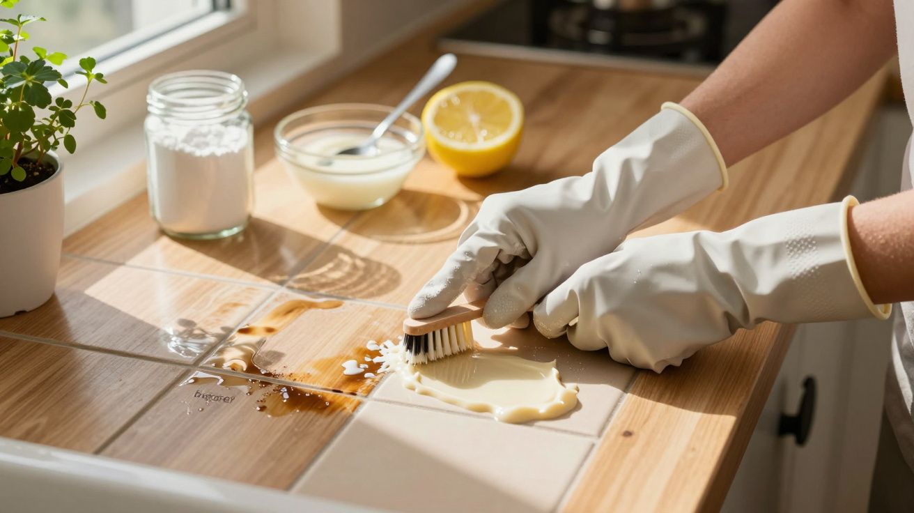 Handen met handschoenen maken een aanrecht schoon met een borstel, citroen en schoonmaakmiddelen op de achtergrond.