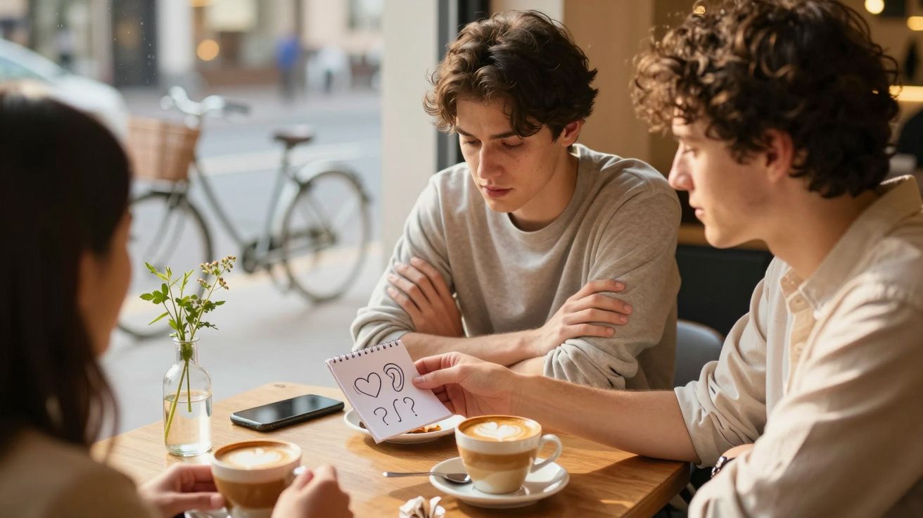 Drie jonge mensen in een café, bespreken een tekening met een hart en vraagtekens, met koffiekopjes op tafel.