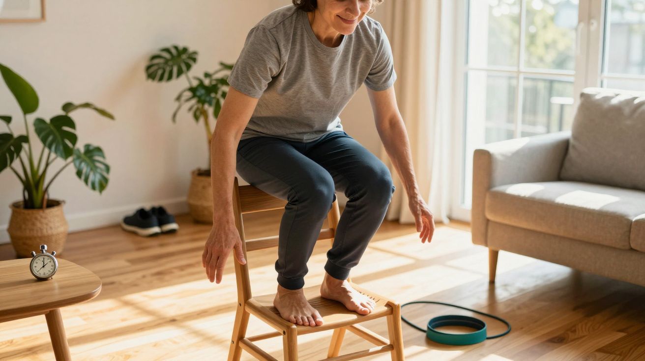 Een persoon balancerend op een stoel in een zonnige woonkamer, met planten op de achtergrond.